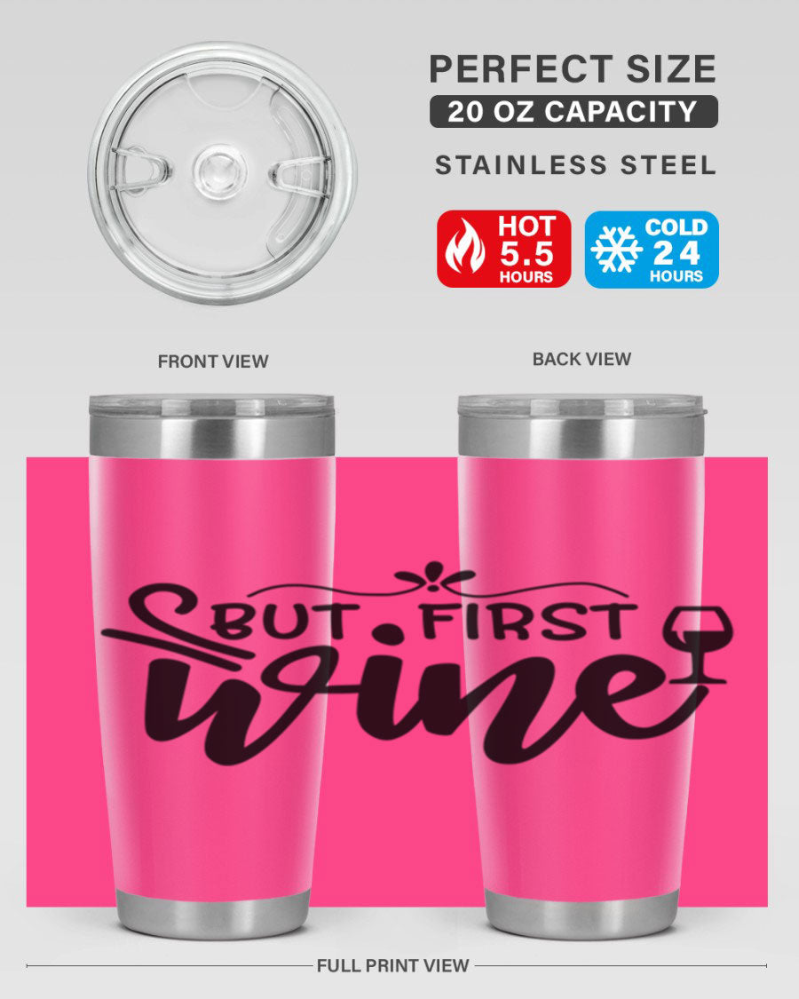 But First Wine 20oz Tumbler made of stainless steel with a copper lining, featuring a drink-thru lid and a stylish design.