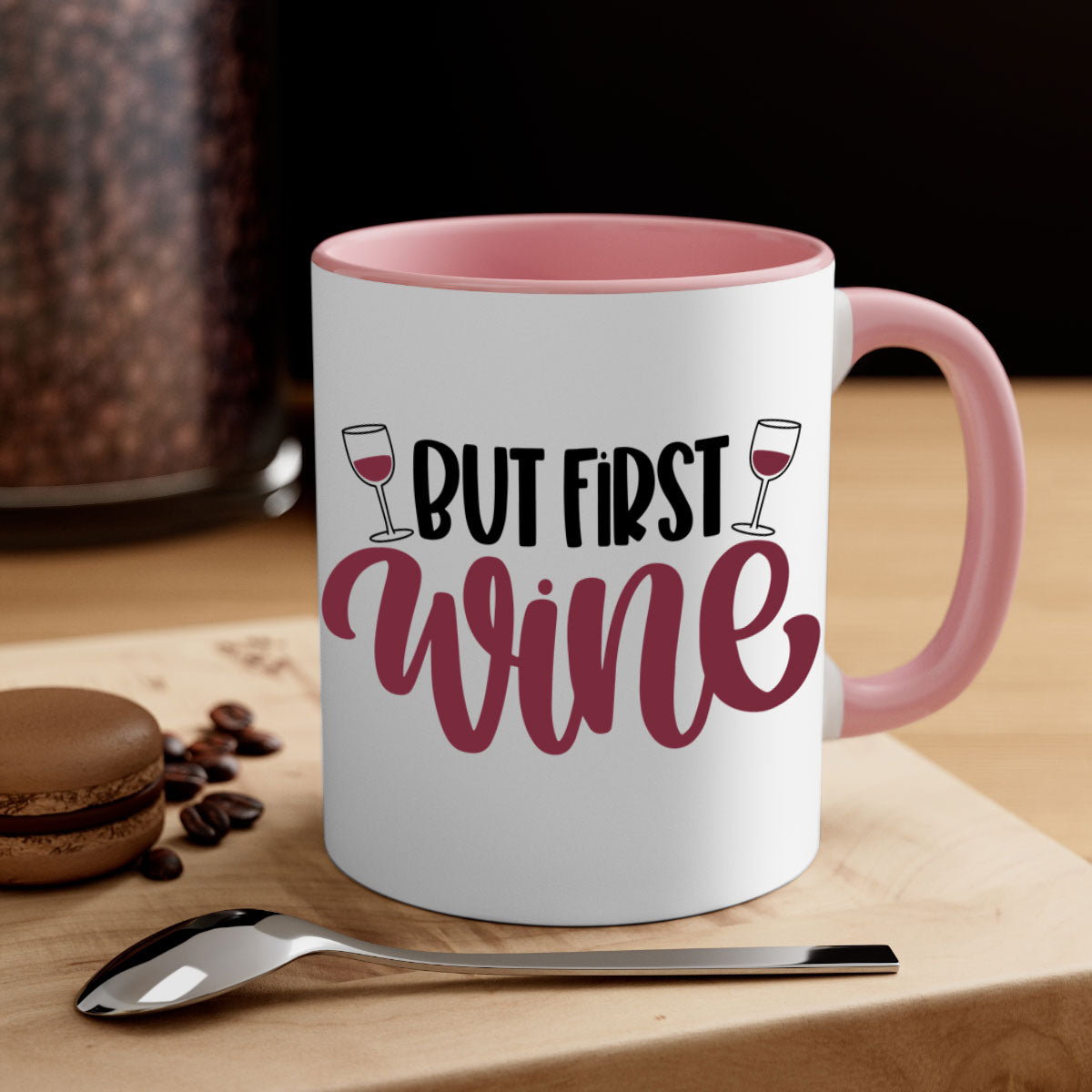 But First Wine Mug featuring a two-tone design with a colored handle and glossy finish, available in multiple colors.