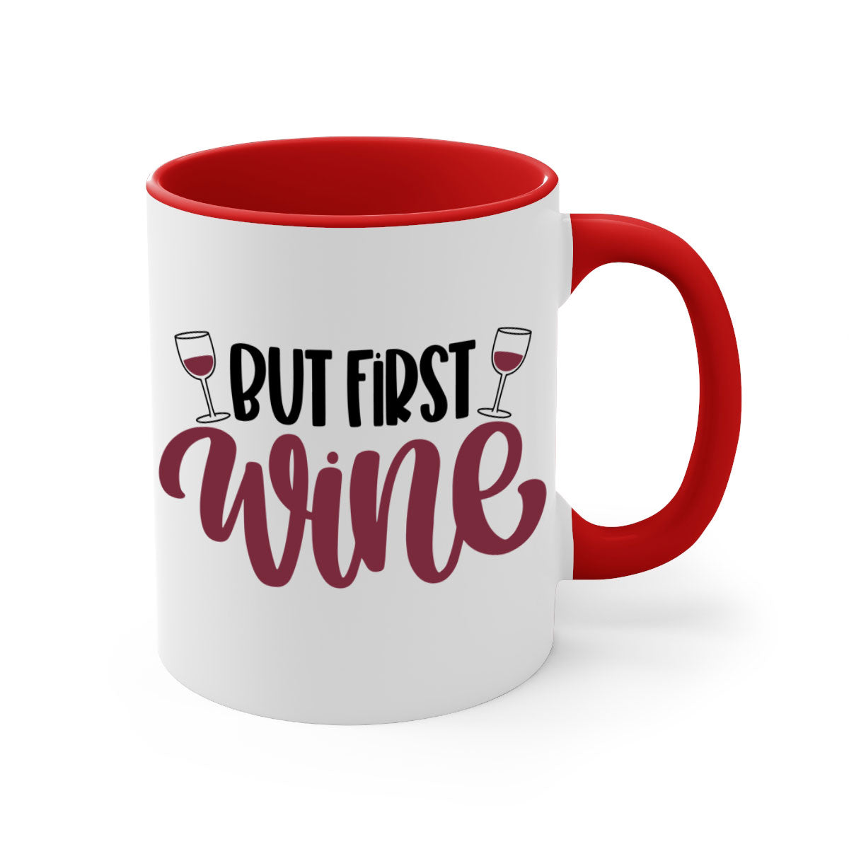 But First Wine Mug featuring a two-tone design with a colored handle and glossy finish, available in multiple colors.