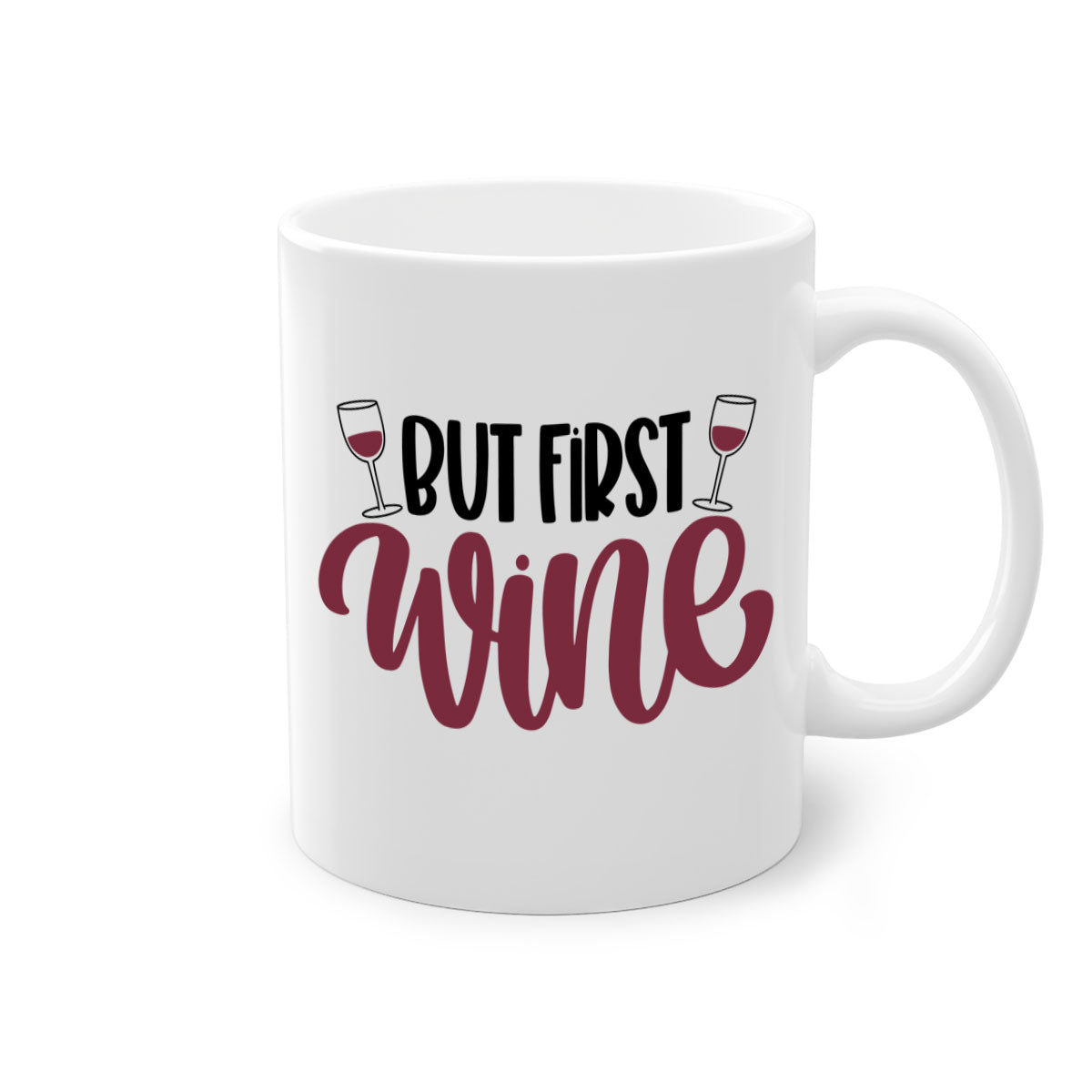 But First Wine Mug featuring a two-tone design with a colored handle and glossy finish, available in multiple colors.