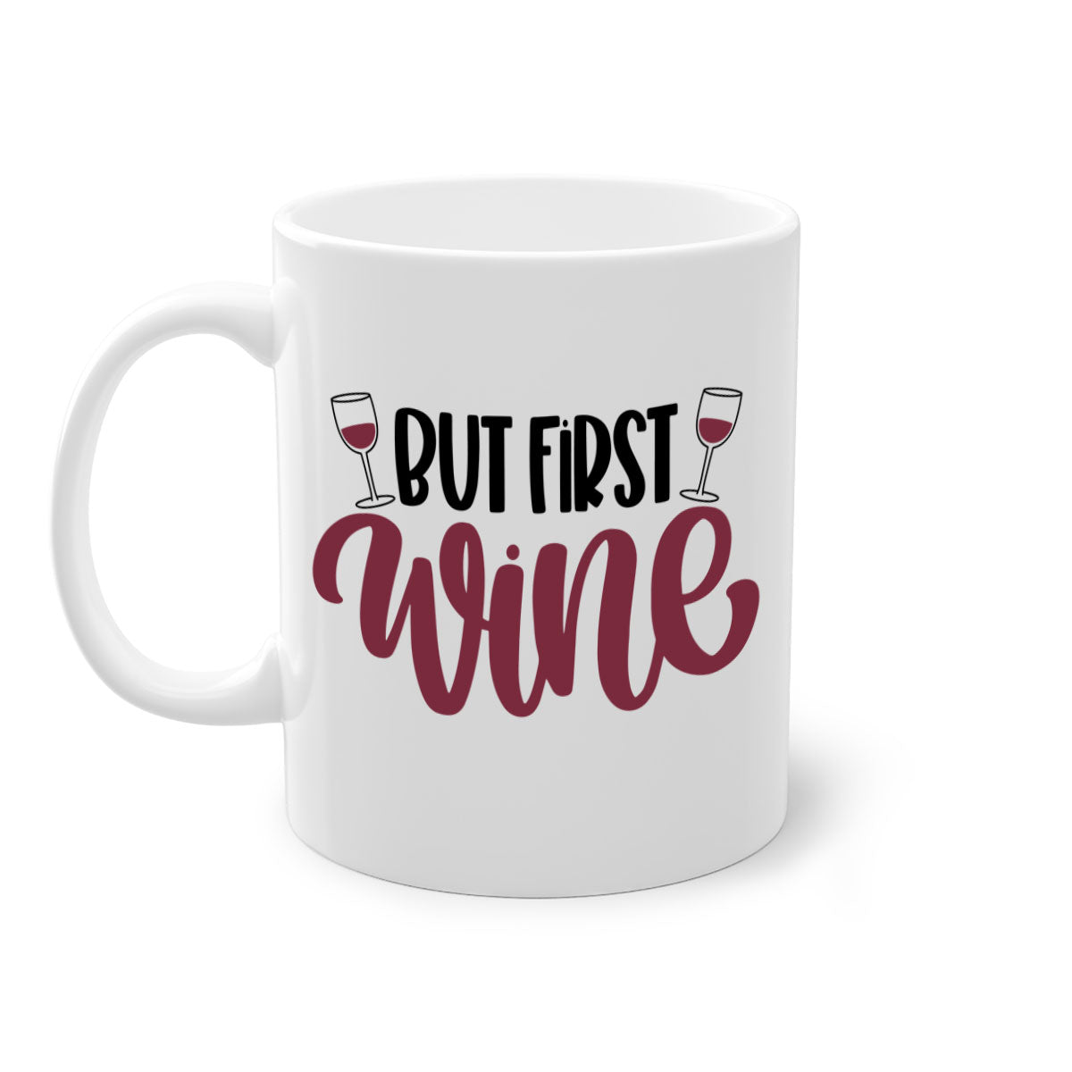 But First Wine Mug featuring a two-tone design with a colored handle and glossy finish, available in multiple colors.