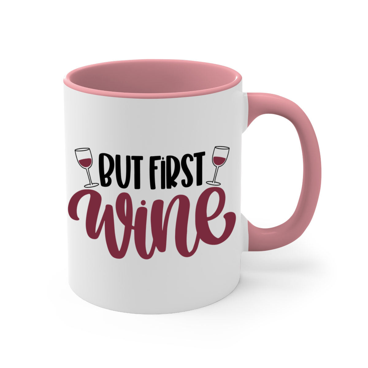 But First Wine Mug featuring a two-tone design with a colored handle and glossy finish, available in multiple colors.