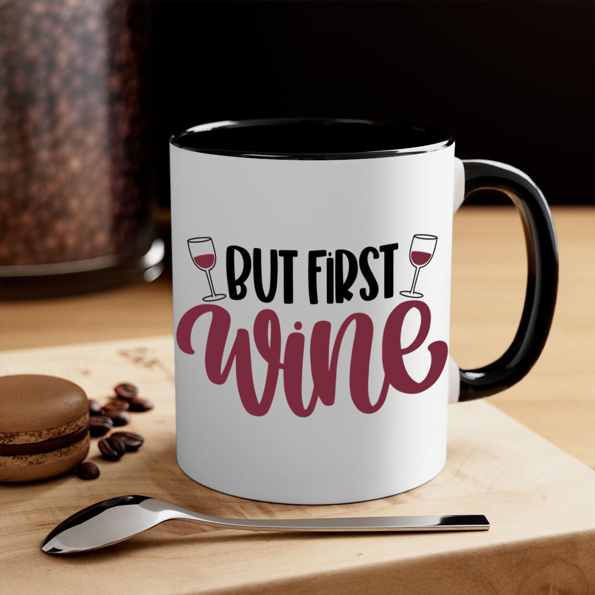 But First Wine Mug featuring a two-tone design with a colored handle and glossy finish, available in multiple colors.