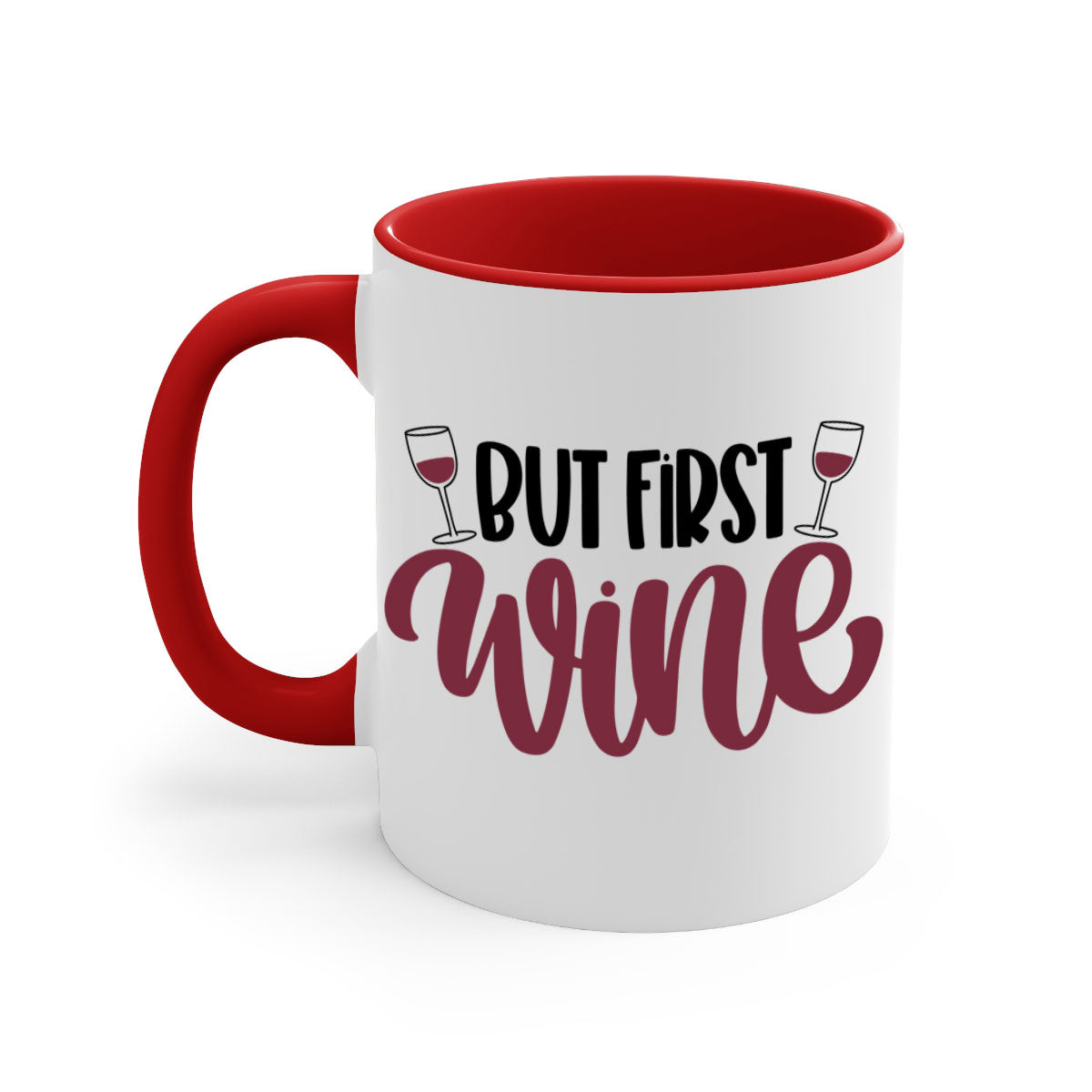 But First Wine Mug featuring a two-tone design with a colored handle and glossy finish, available in multiple colors.