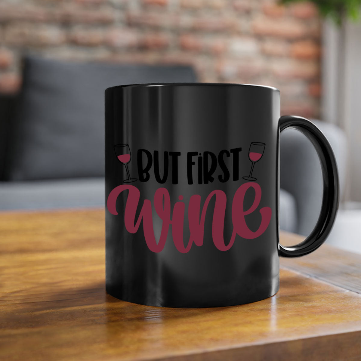 But First Wine Mug featuring a two-tone design with a colored handle and glossy finish, available in multiple colors.