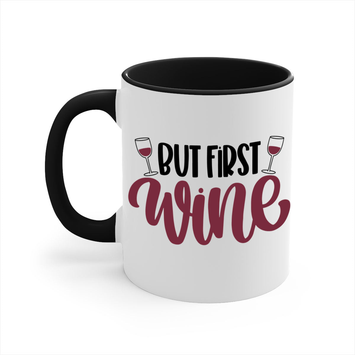 But First Wine Mug featuring a two-tone design with a colored handle and glossy finish, available in multiple colors.