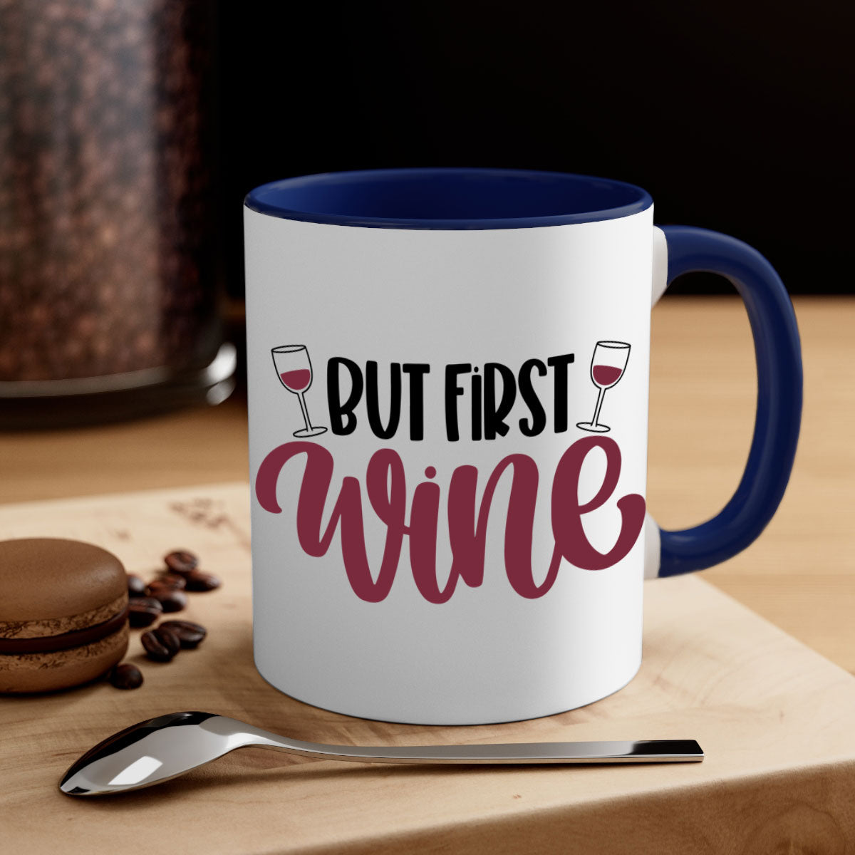 But First Wine Mug featuring a two-tone design with a colored handle and glossy finish, available in multiple colors.