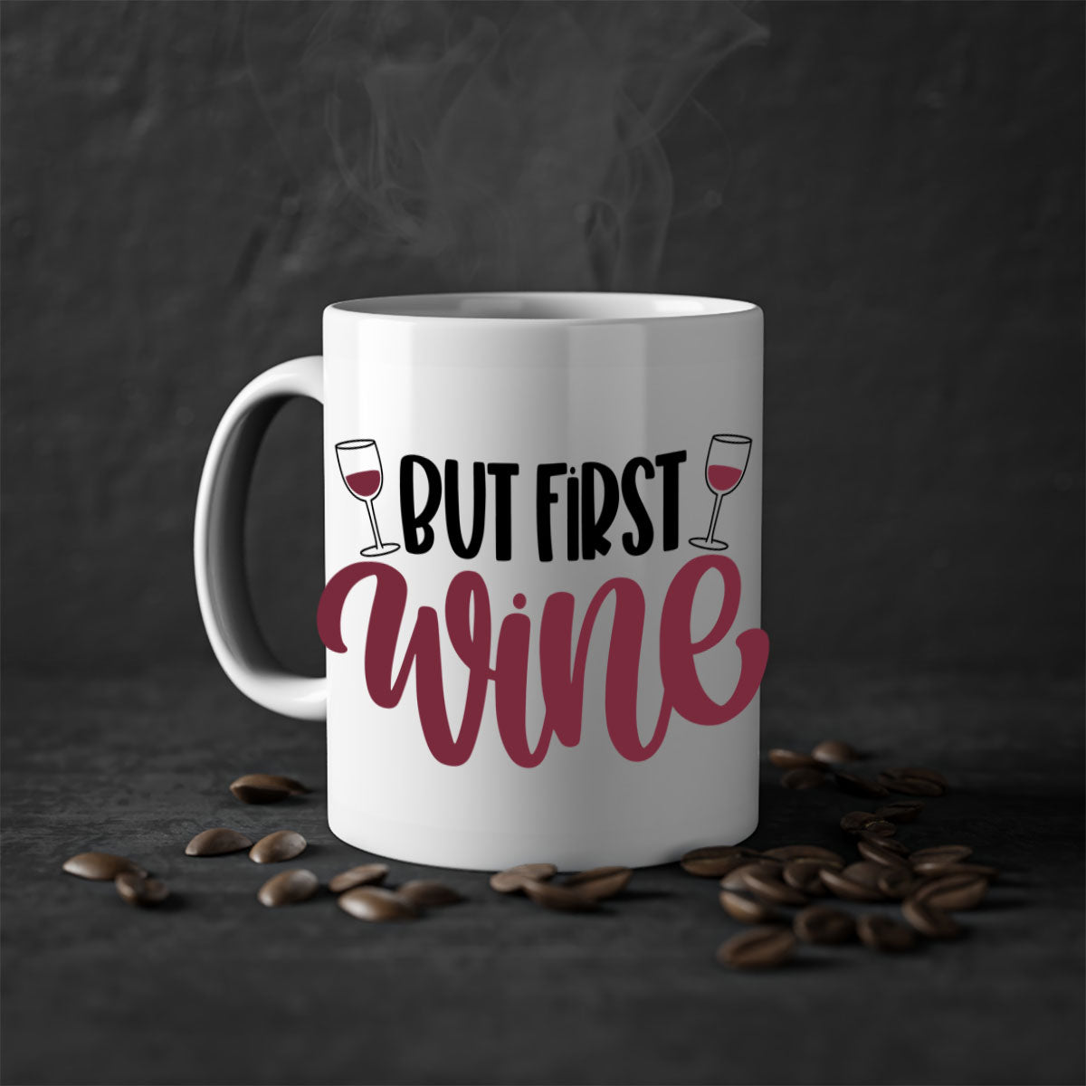 But First Wine Mug featuring a two-tone design with a colored handle and glossy finish, available in multiple colors.