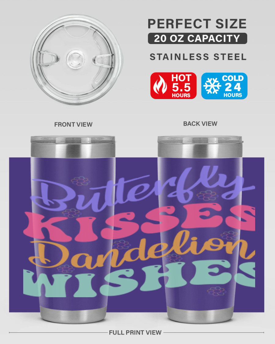 Butterfly Kisses Dandelion Wishes tumbler featuring a vibrant design, double wall vacuum stainless steel construction, and a convenient drink-thru lid.