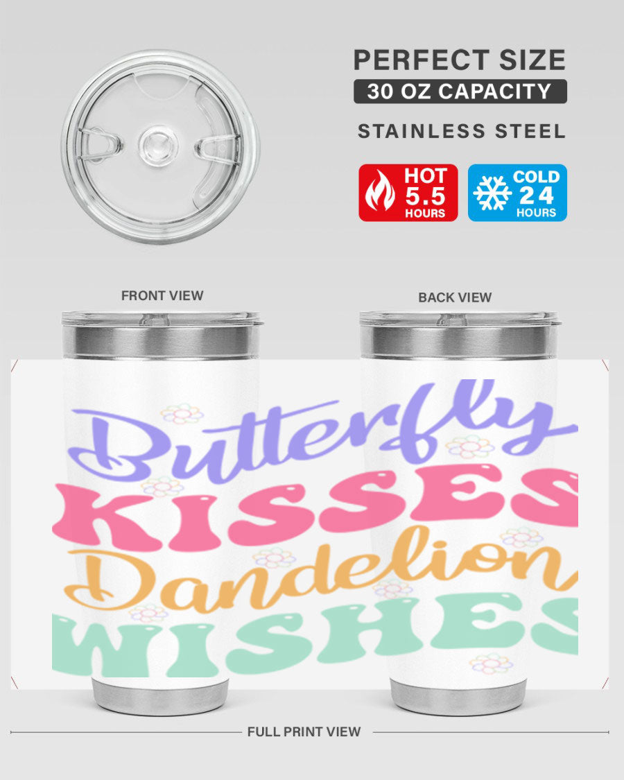 Butterfly Kisses Dandelion Wishes tumbler featuring a vibrant design, double wall vacuum stainless steel construction, and a convenient drink-thru lid.