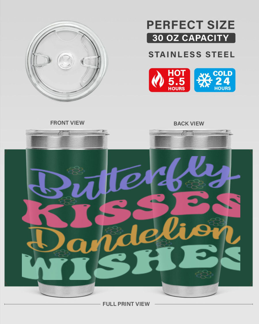 Butterfly Kisses Dandelion Wishes tumbler featuring a vibrant design, double wall vacuum stainless steel construction, and a convenient drink-thru lid.