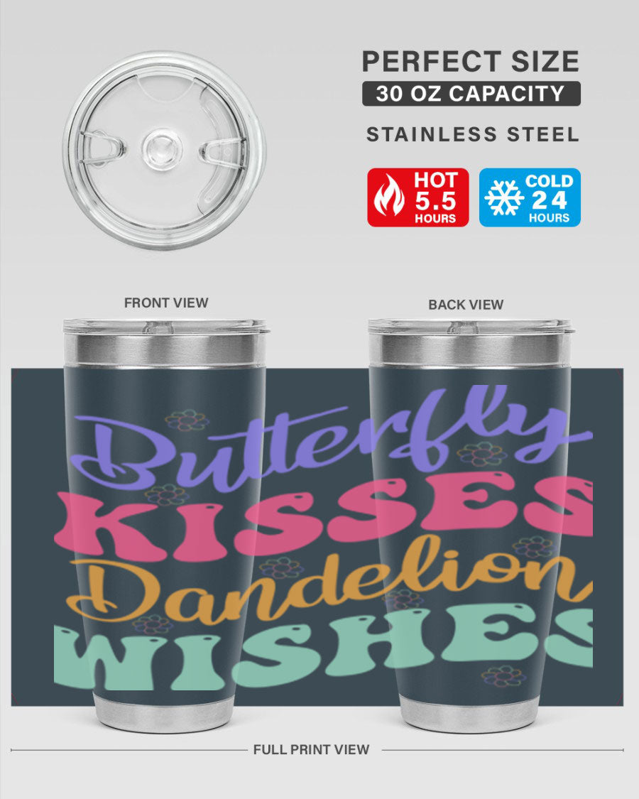 Butterfly Kisses Dandelion Wishes tumbler featuring a vibrant design, double wall vacuum stainless steel construction, and a convenient drink-thru lid.