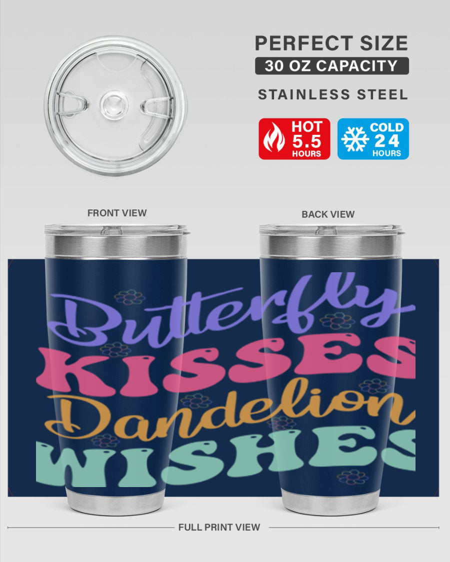 Butterfly Kisses Dandelion Wishes tumbler featuring a vibrant design, double wall vacuum stainless steel construction, and a convenient drink-thru lid.