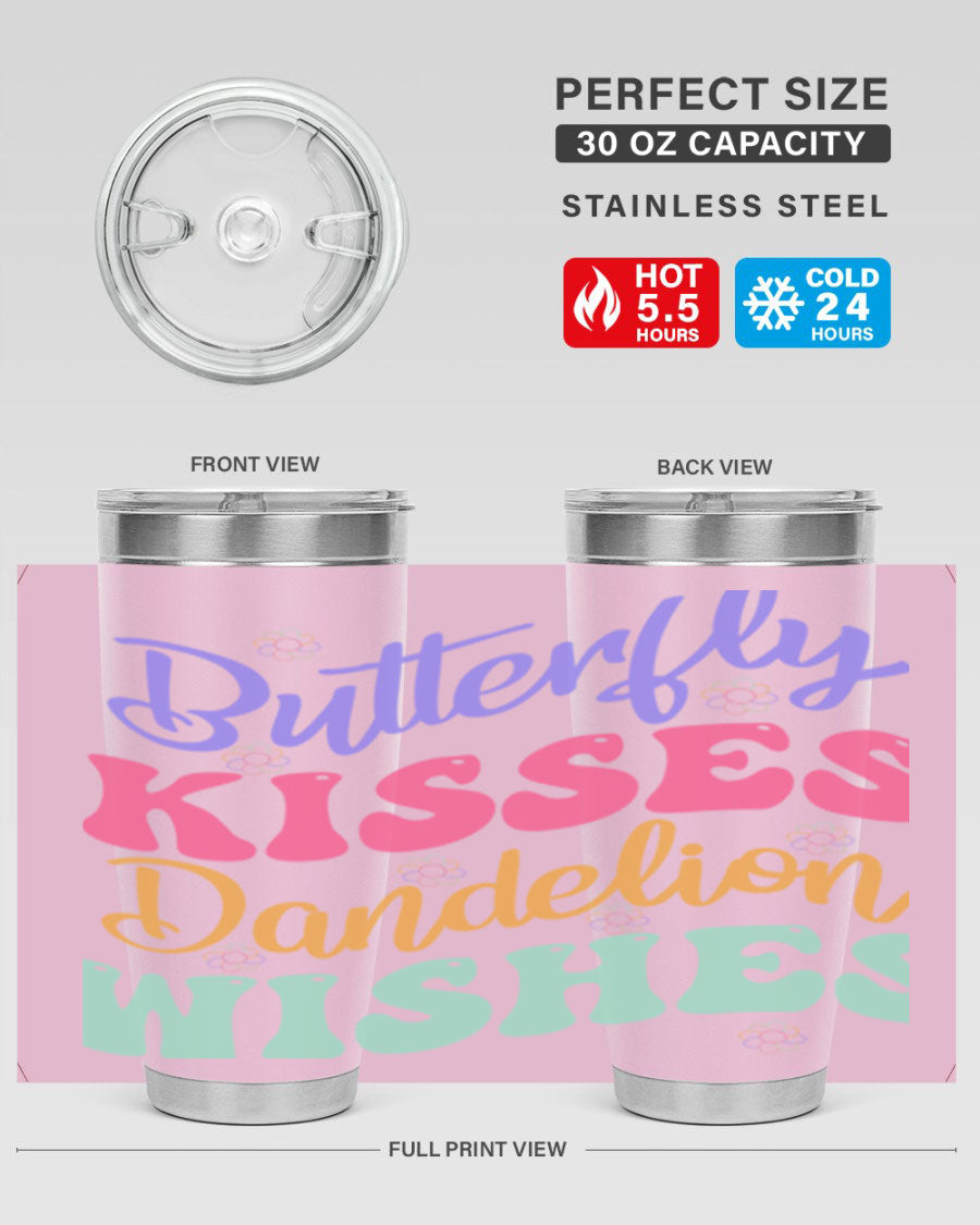 Butterfly Kisses Dandelion Wishes tumbler featuring a vibrant design, double wall vacuum stainless steel construction, and a convenient drink-thru lid.