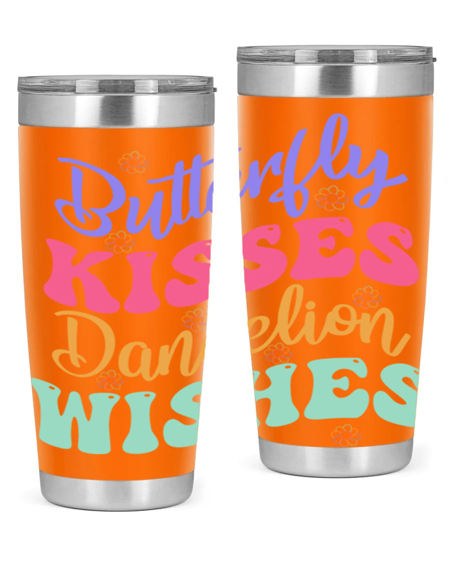 Butterfly Kisses Dandelion Wishes tumbler featuring a vibrant design, double wall vacuum stainless steel construction, and a convenient drink-thru lid.