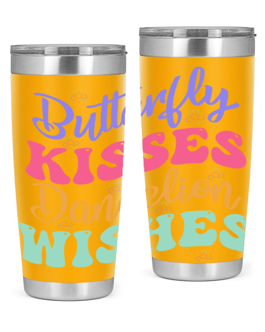 Butterfly Kisses Dandelion Wishes tumbler featuring a vibrant design, double wall vacuum stainless steel construction, and a convenient drink-thru lid.