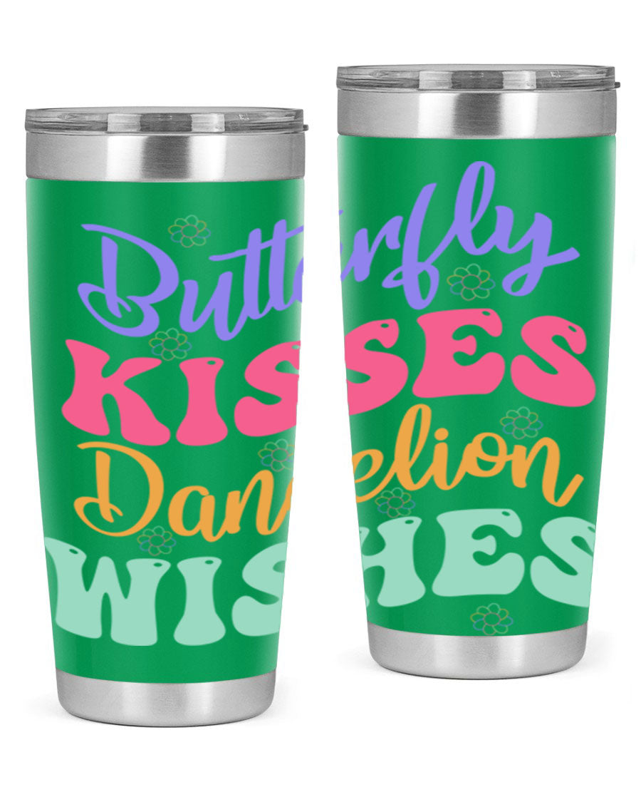 Butterfly Kisses Dandelion Wishes tumbler featuring a vibrant design, double wall vacuum stainless steel construction, and a convenient drink-thru lid.