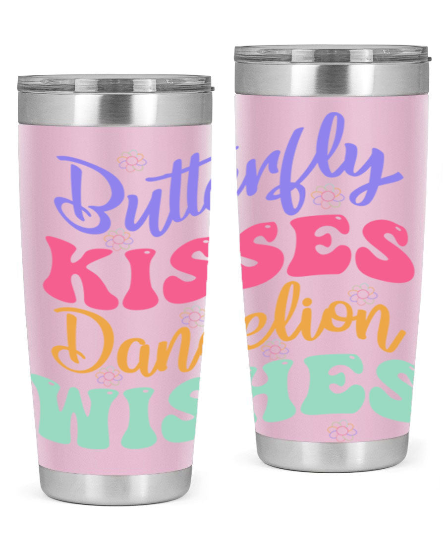 Butterfly Kisses Dandelion Wishes tumbler featuring a vibrant design, double wall vacuum stainless steel construction, and a convenient drink-thru lid.