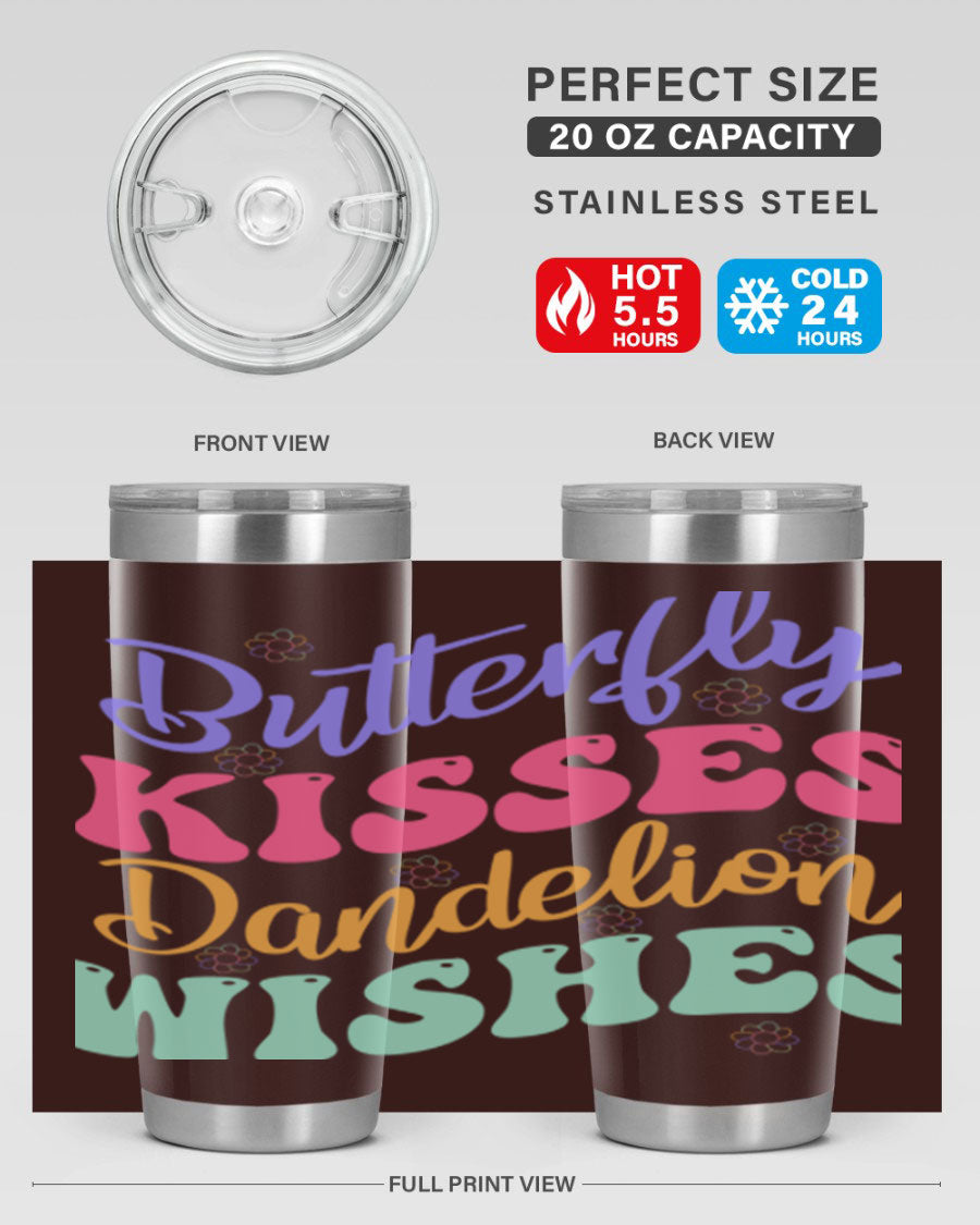 Butterfly Kisses Dandelion Wishes tumbler featuring a vibrant design, double wall vacuum stainless steel construction, and a convenient drink-thru lid.