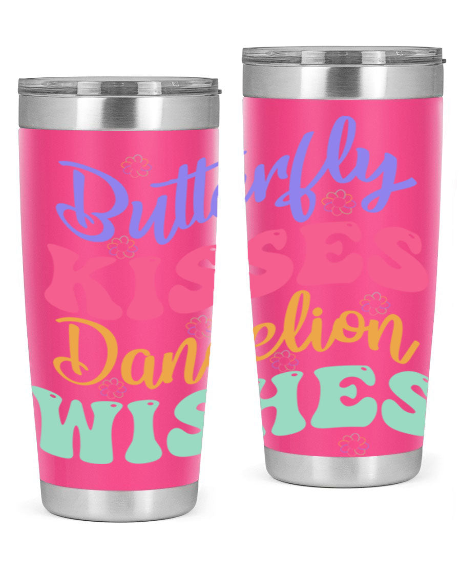 Butterfly Kisses Dandelion Wishes tumbler featuring a vibrant design, double wall vacuum stainless steel construction, and a convenient drink-thru lid.