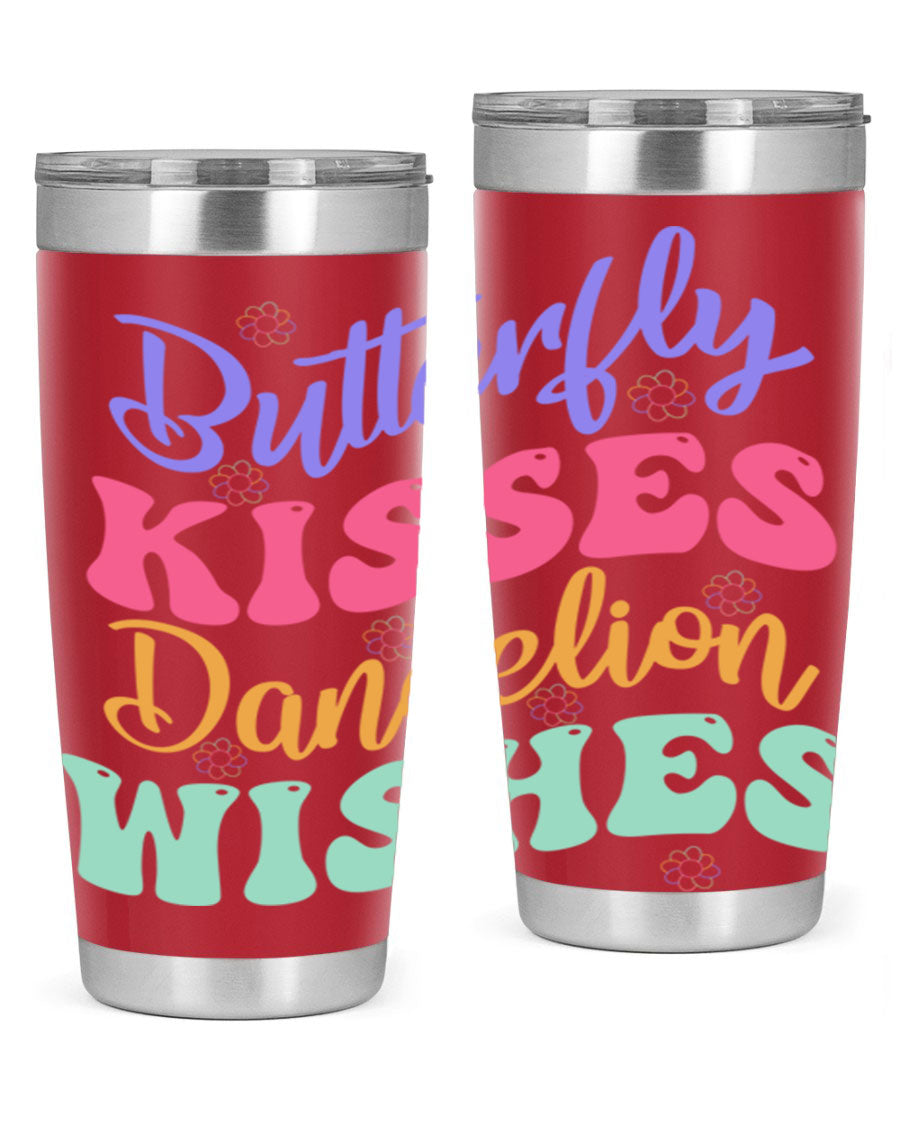 Butterfly Kisses Dandelion Wishes tumbler featuring a vibrant design, double wall vacuum stainless steel construction, and a convenient drink-thru lid.