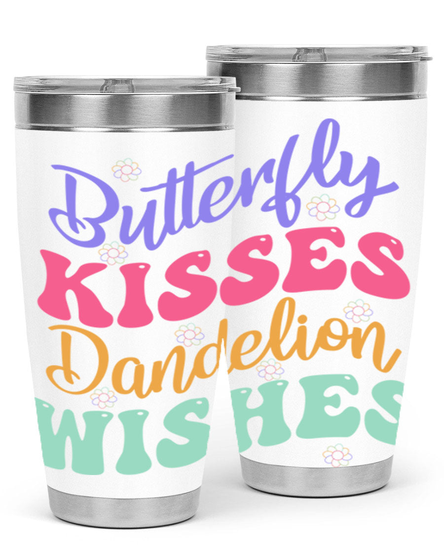 Butterfly Kisses Dandelion Wishes tumbler featuring a vibrant design, double wall vacuum stainless steel construction, and a convenient drink-thru lid.