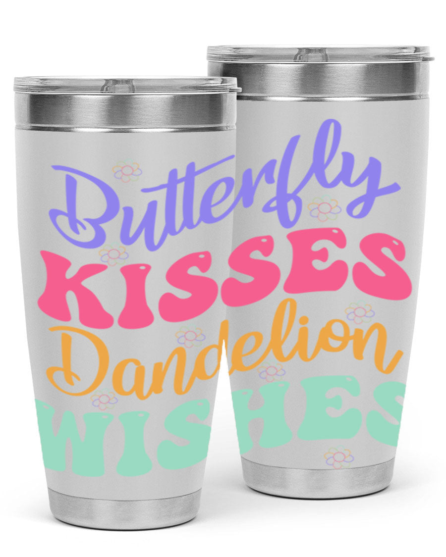 Butterfly Kisses Dandelion Wishes tumbler featuring a vibrant design, double wall vacuum stainless steel construction, and a convenient drink-thru lid.