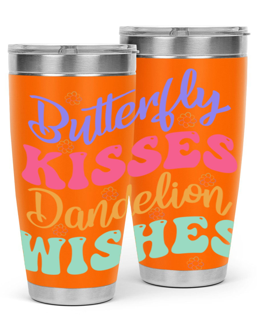 Butterfly Kisses Dandelion Wishes tumbler featuring a vibrant design, double wall vacuum stainless steel construction, and a convenient drink-thru lid.