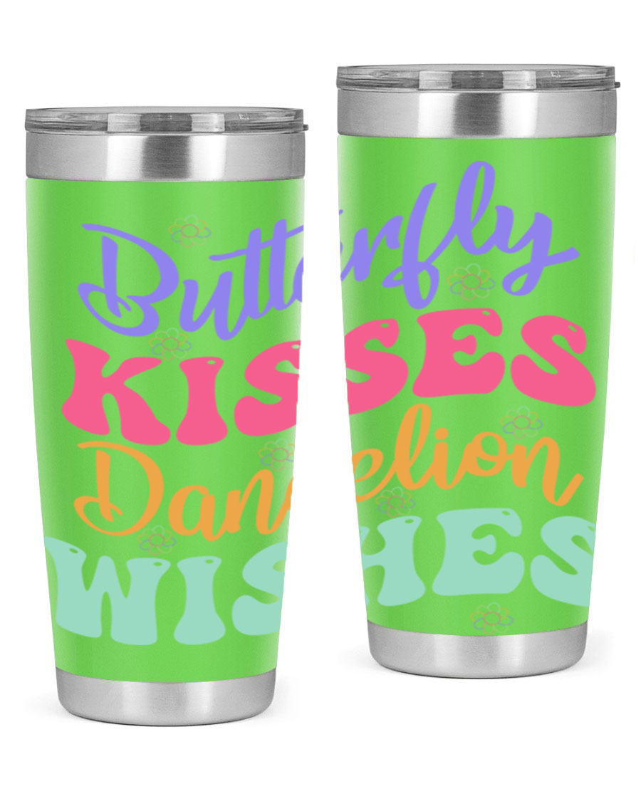 Butterfly Kisses Dandelion Wishes tumbler featuring a vibrant design, double wall vacuum stainless steel construction, and a convenient drink-thru lid.