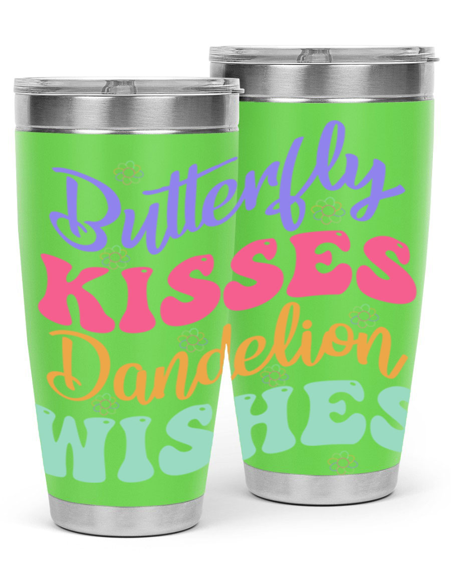 Butterfly Kisses Dandelion Wishes tumbler featuring a vibrant design, double wall vacuum stainless steel construction, and a convenient drink-thru lid.