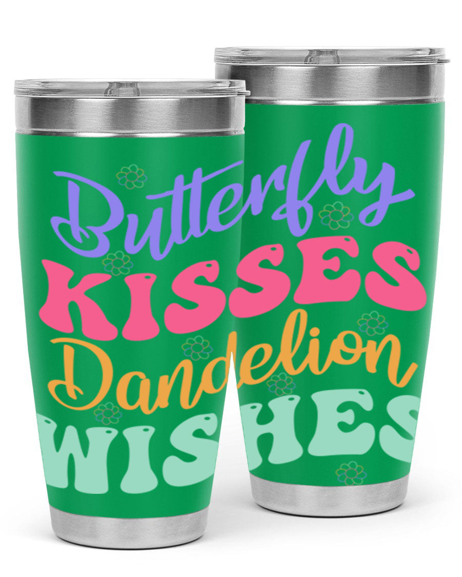 Butterfly Kisses Dandelion Wishes tumbler featuring a vibrant design, double wall vacuum stainless steel construction, and a convenient drink-thru lid.