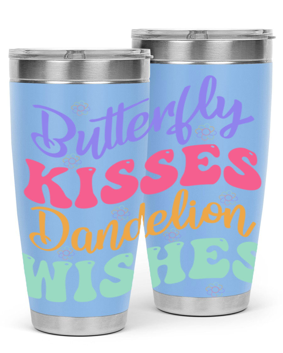 Butterfly Kisses Dandelion Wishes tumbler featuring a vibrant design, double wall vacuum stainless steel construction, and a convenient drink-thru lid.