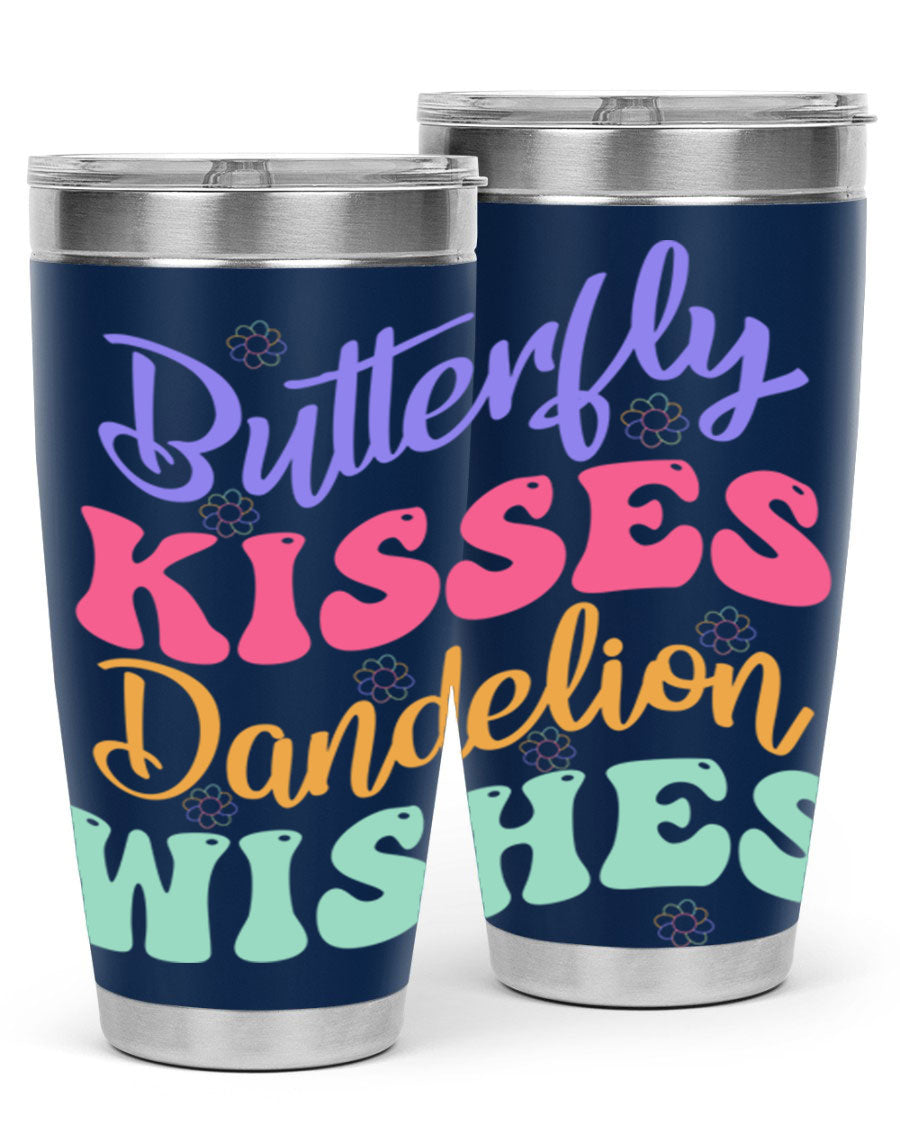 Butterfly Kisses Dandelion Wishes tumbler featuring a vibrant design, double wall vacuum stainless steel construction, and a convenient drink-thru lid.