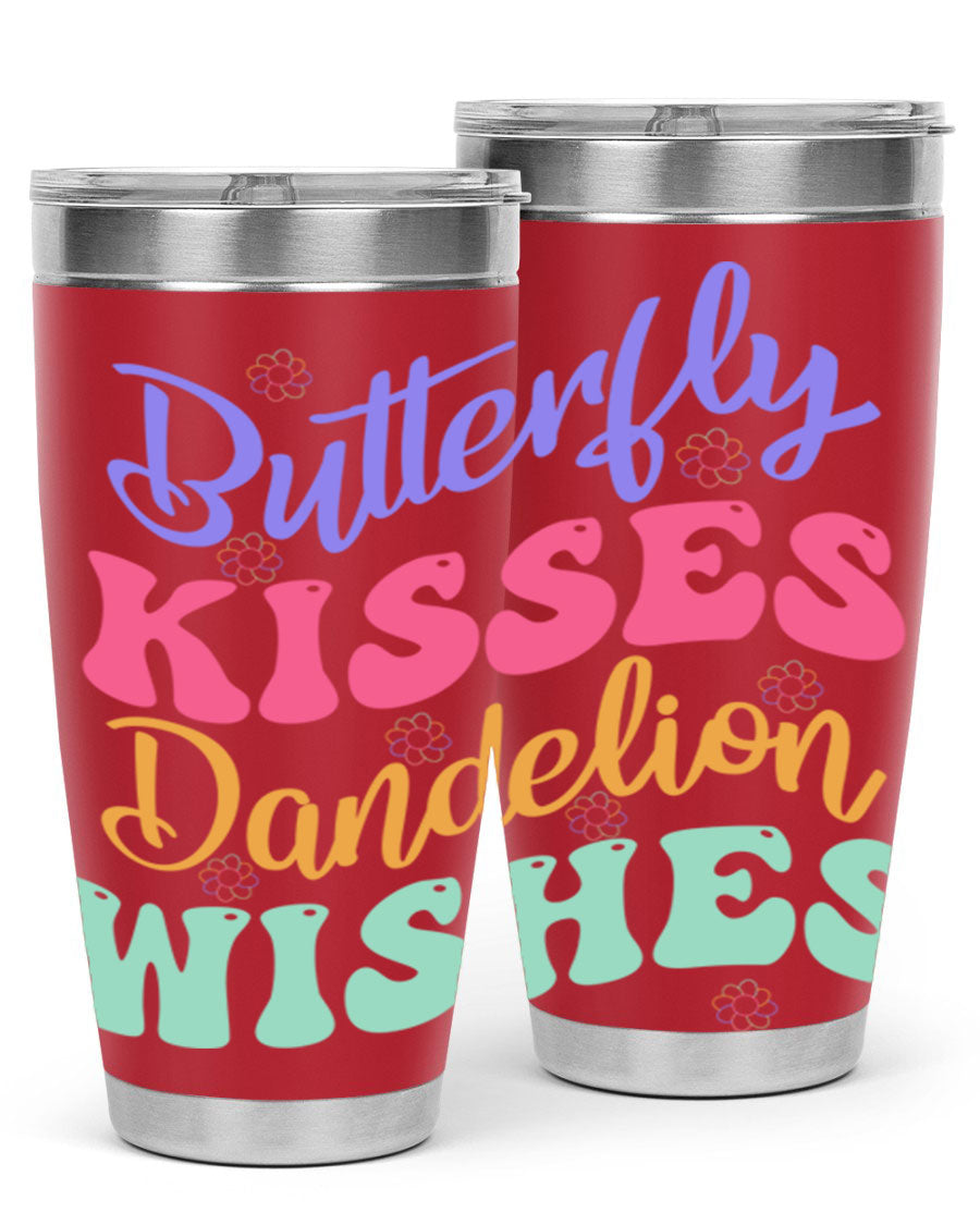 Butterfly Kisses Dandelion Wishes tumbler featuring a vibrant design, double wall vacuum stainless steel construction, and a convenient drink-thru lid.