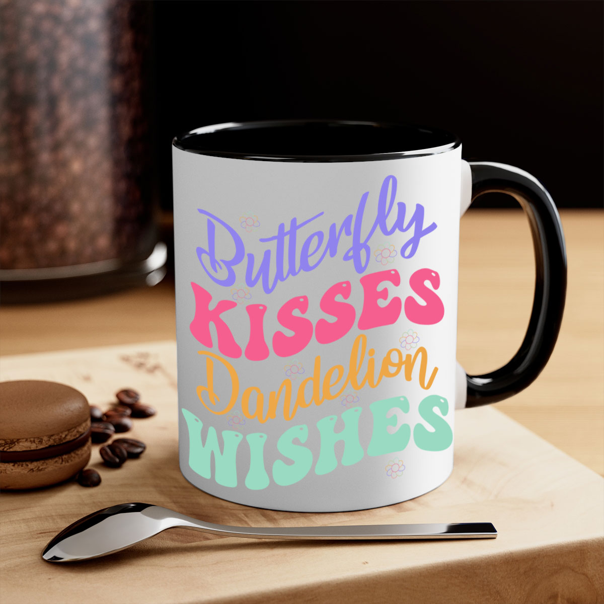 Butterfly Kisses Dandelion Wishes Mug with colorful handle and glossy finish, available in multiple colors and sizes.