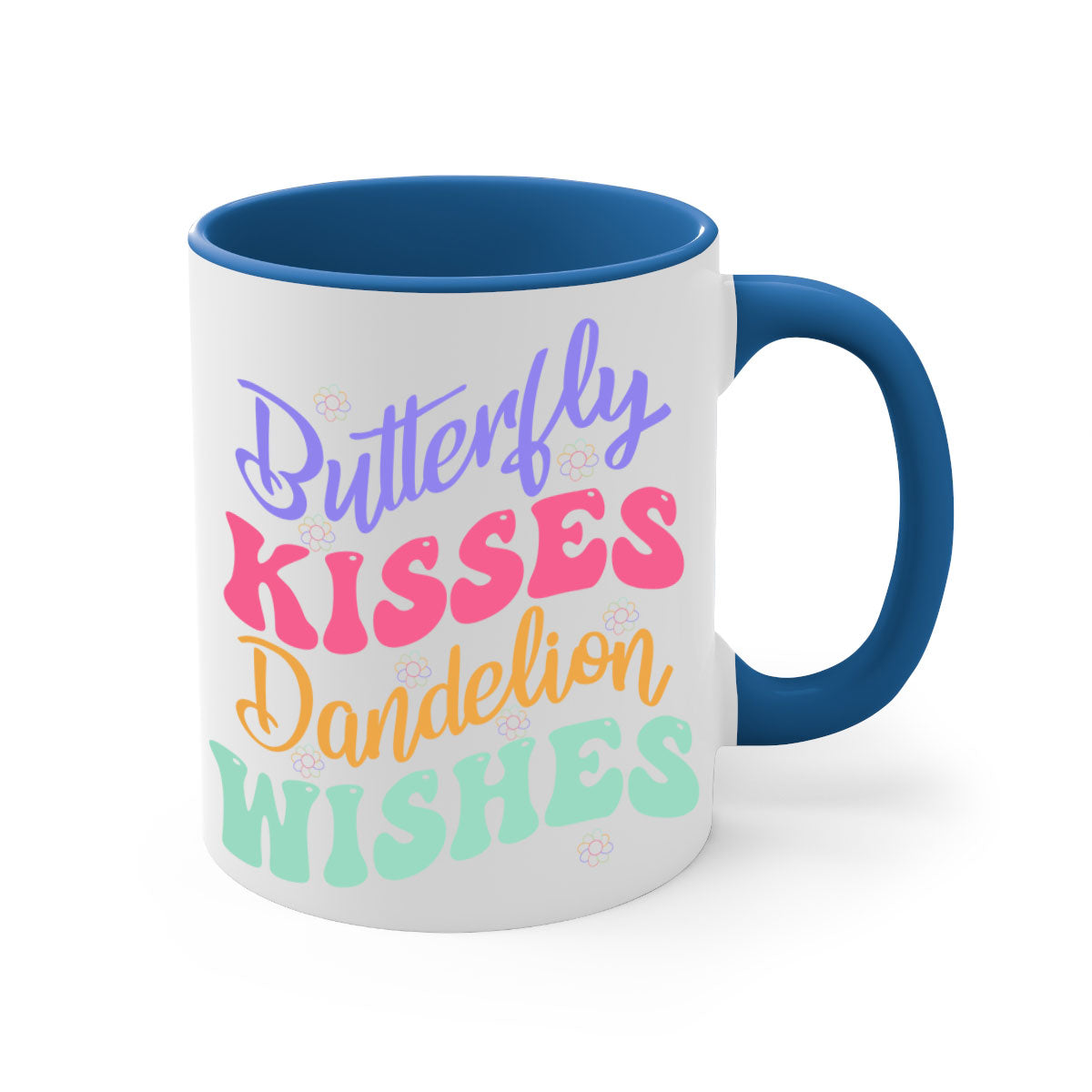 Butterfly Kisses Dandelion Wishes Mug with colorful handle and glossy finish, available in multiple colors and sizes.