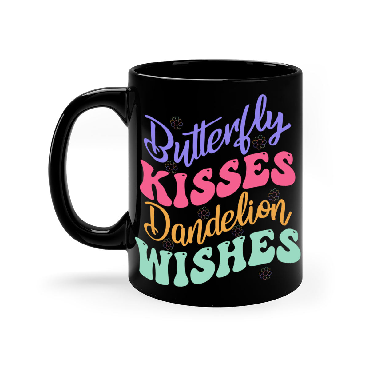 Butterfly Kisses Dandelion Wishes Mug with colorful handle and glossy finish, available in multiple colors and sizes.