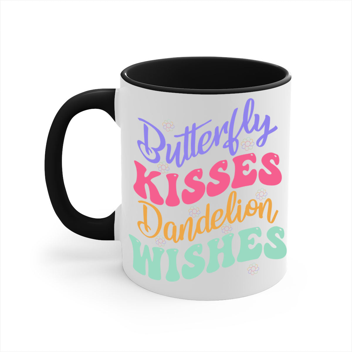 Butterfly Kisses Dandelion Wishes Mug with colorful handle and glossy finish, available in multiple colors and sizes.