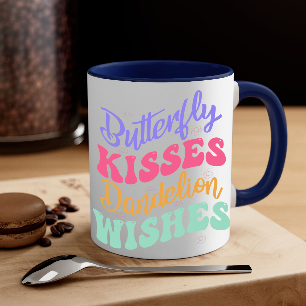 Butterfly Kisses Dandelion Wishes Mug with colorful handle and glossy finish, available in multiple colors and sizes.