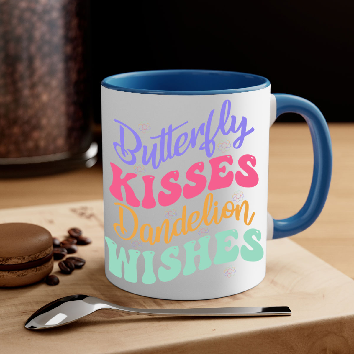 Butterfly Kisses Dandelion Wishes Mug with colorful handle and glossy finish, available in multiple colors and sizes.