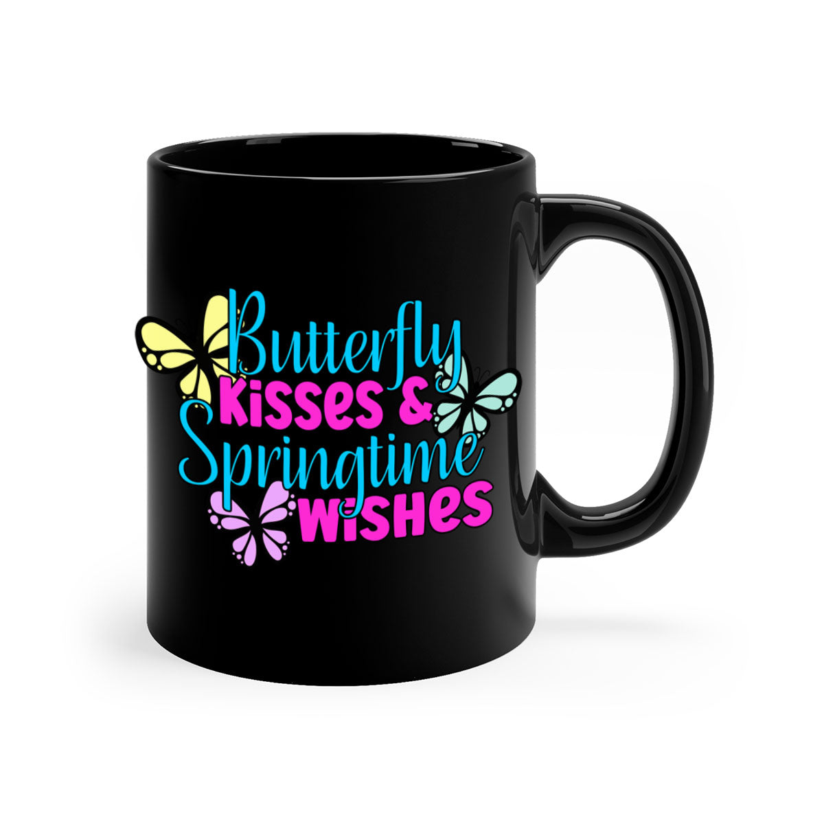 Butterfly Kisses & Springtime Wishes Mug with colorful handle and glossy finish, available in multiple colors and sizes.