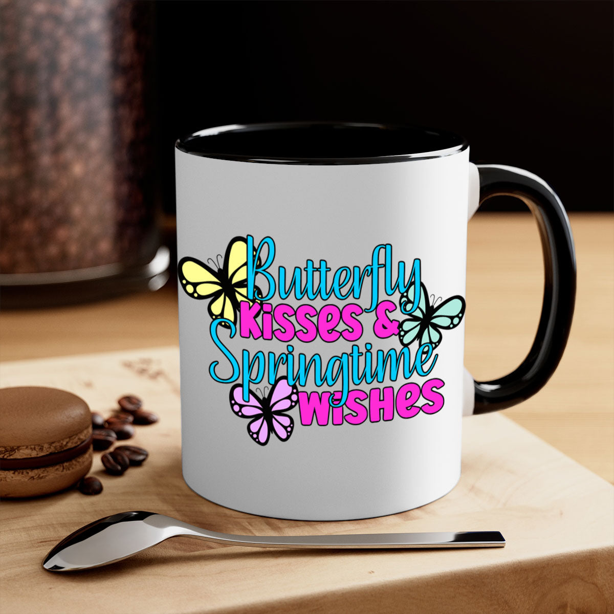 Butterfly Kisses & Springtime Wishes Mug with colorful handle and glossy finish, available in multiple colors and sizes.