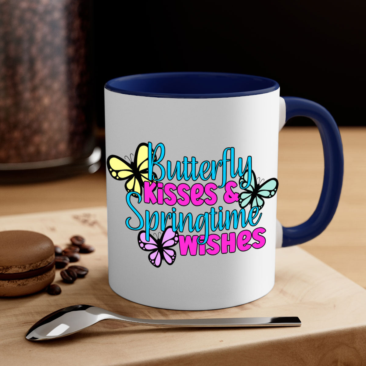 Butterfly Kisses & Springtime Wishes Mug with colorful handle and glossy finish, available in multiple colors and sizes.