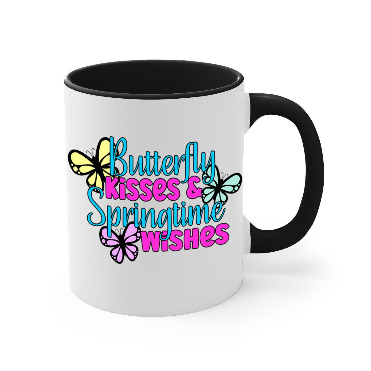 Butterfly Kisses & Springtime Wishes Mug with colorful handle and glossy finish, available in multiple colors and sizes.