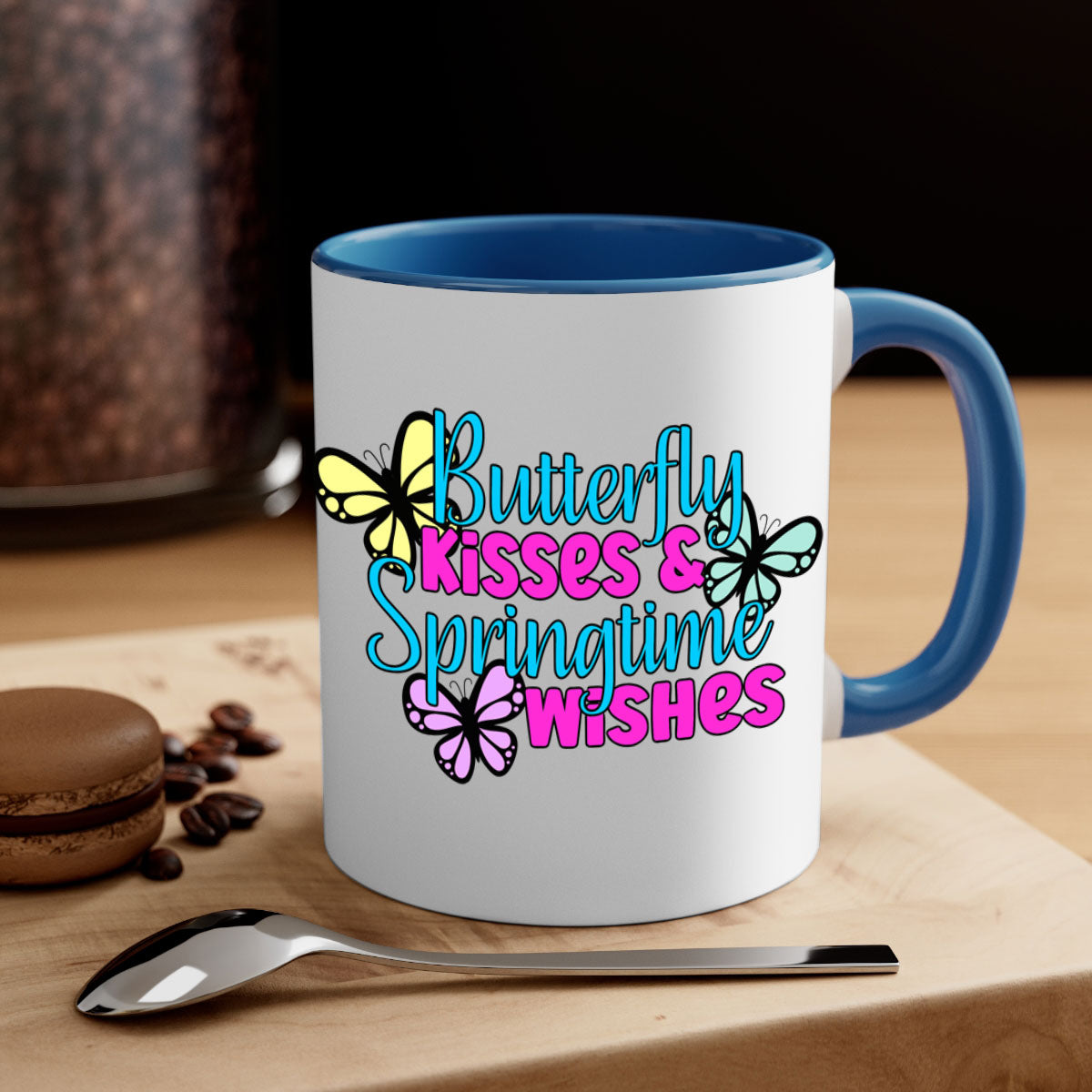 Butterfly Kisses & Springtime Wishes Mug with colorful handle and glossy finish, available in multiple colors and sizes.