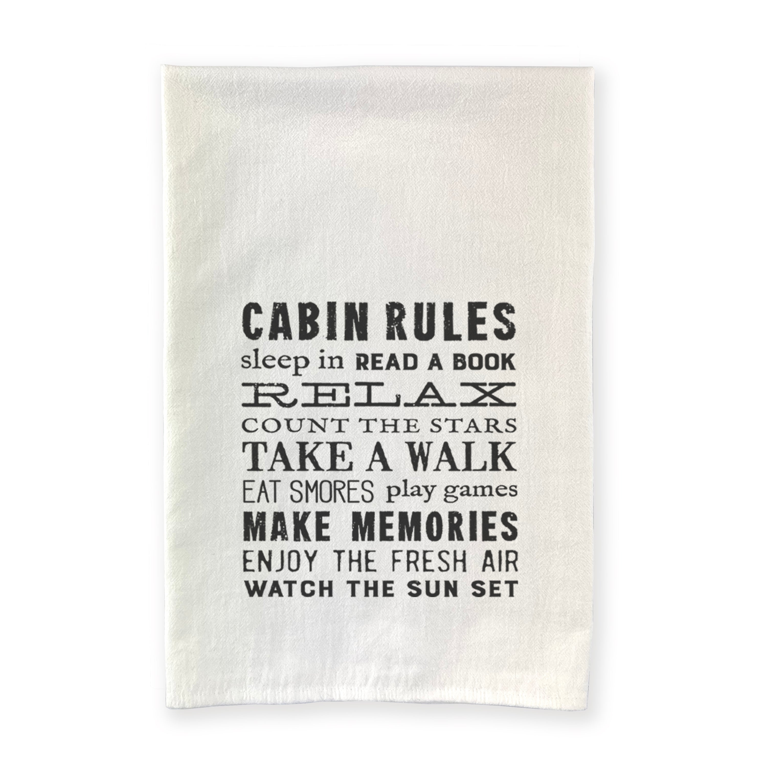 A vibrant Cabin Rules Cotton Tea Towel featuring a rustic design, made from 100% absorbent cotton, perfect for kitchen use.