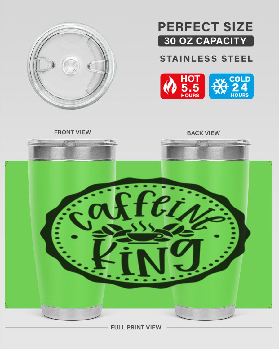 Caffeine King 186# Tumbler in stainless steel with a drink-thru lid, showcasing its sleek design and double wall insulation.