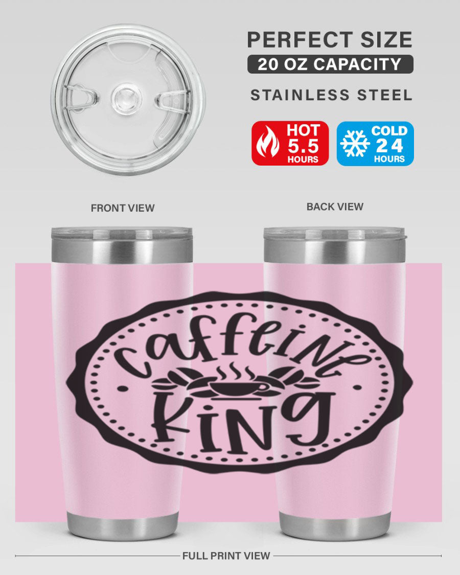 Caffeine King 186# Tumbler in stainless steel with a drink-thru lid, showcasing its sleek design and double wall insulation.