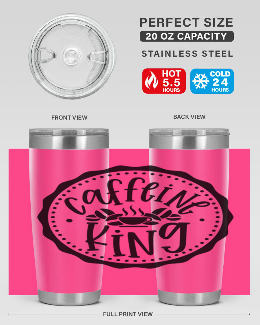 Caffeine King 186# Tumbler in stainless steel with a drink-thru lid, showcasing its sleek design and double wall insulation.