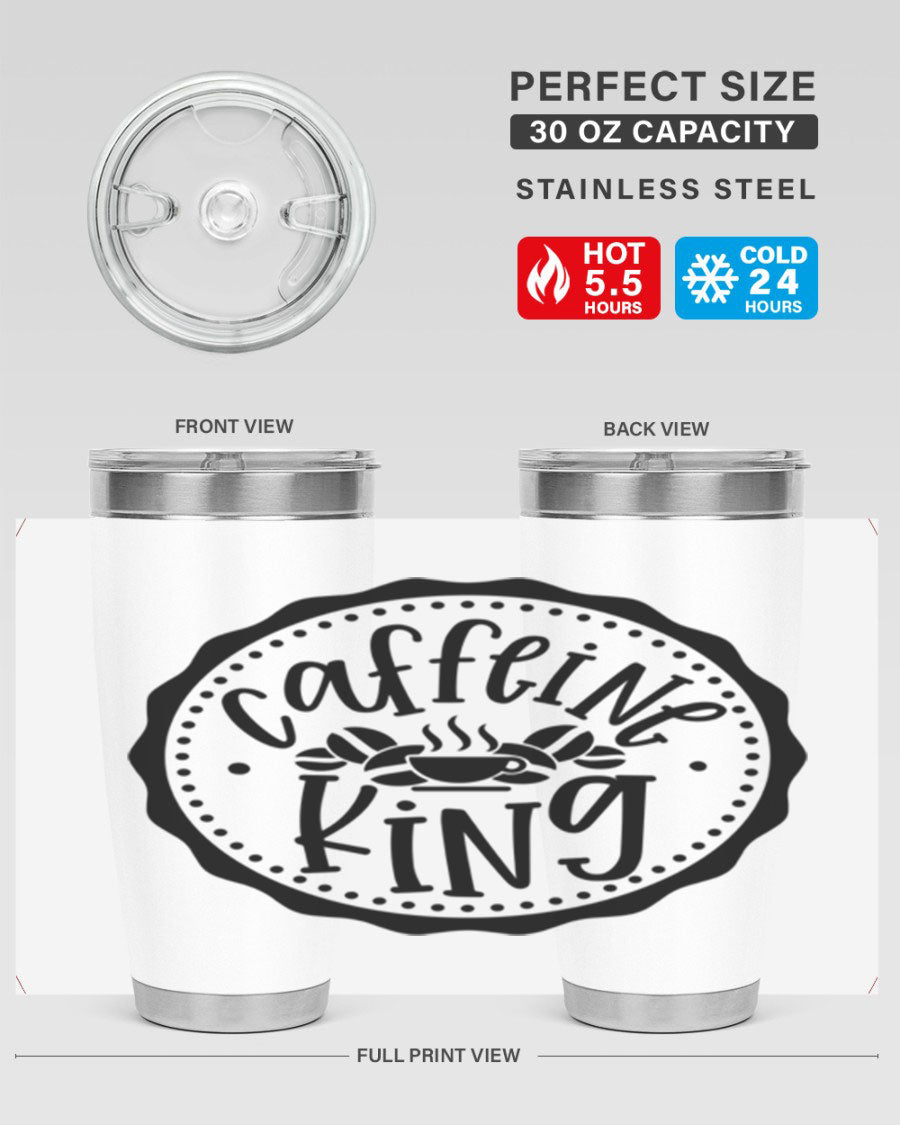 Caffeine King 186# Tumbler in stainless steel with a drink-thru lid, showcasing its sleek design and double wall insulation.